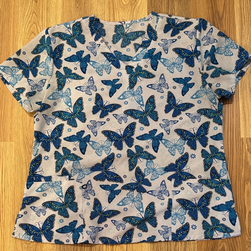 Blue Butterfly Print Scrub Top Size XL